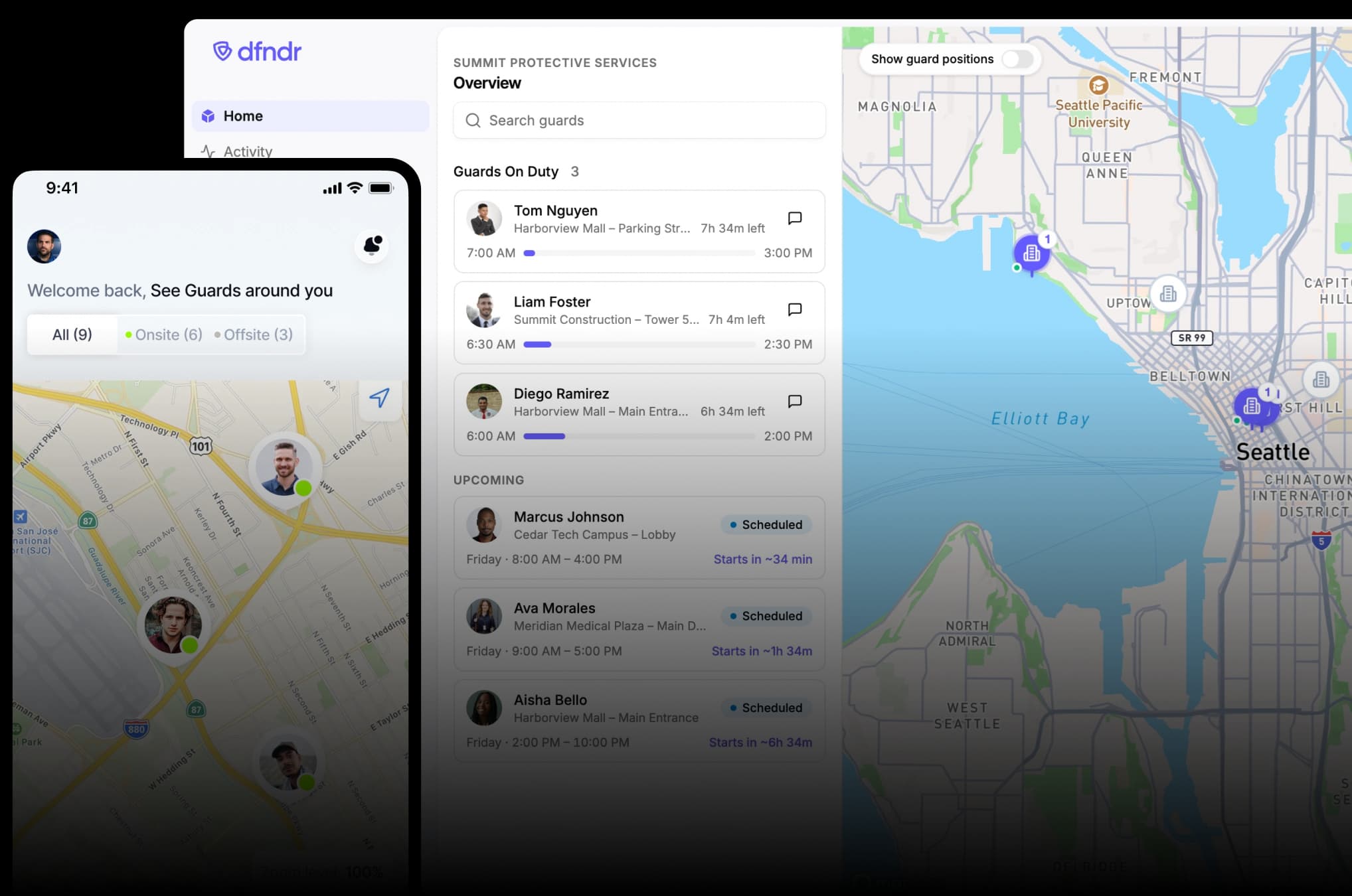 The dfndr web dashboard showing on-duty guards on a live map, next to the dfndr mobile app