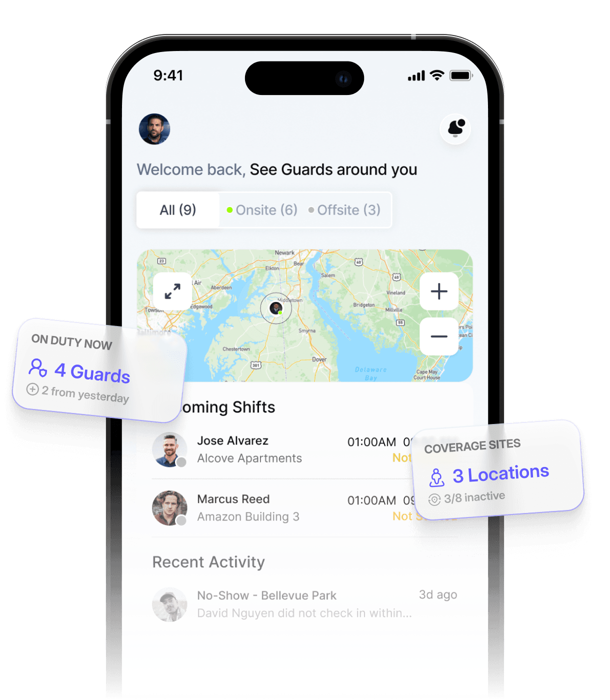 dfndr guard mobile app showing a shift dashboard
