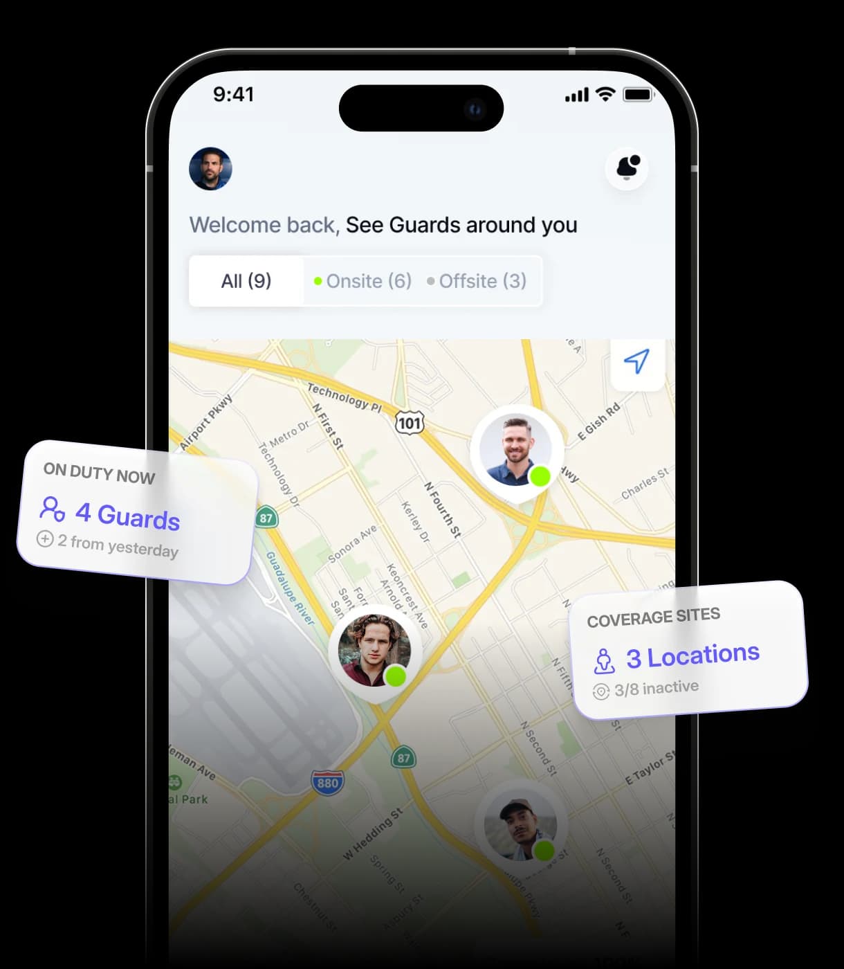 DFNDR mobile app showing guard tracking dashboard