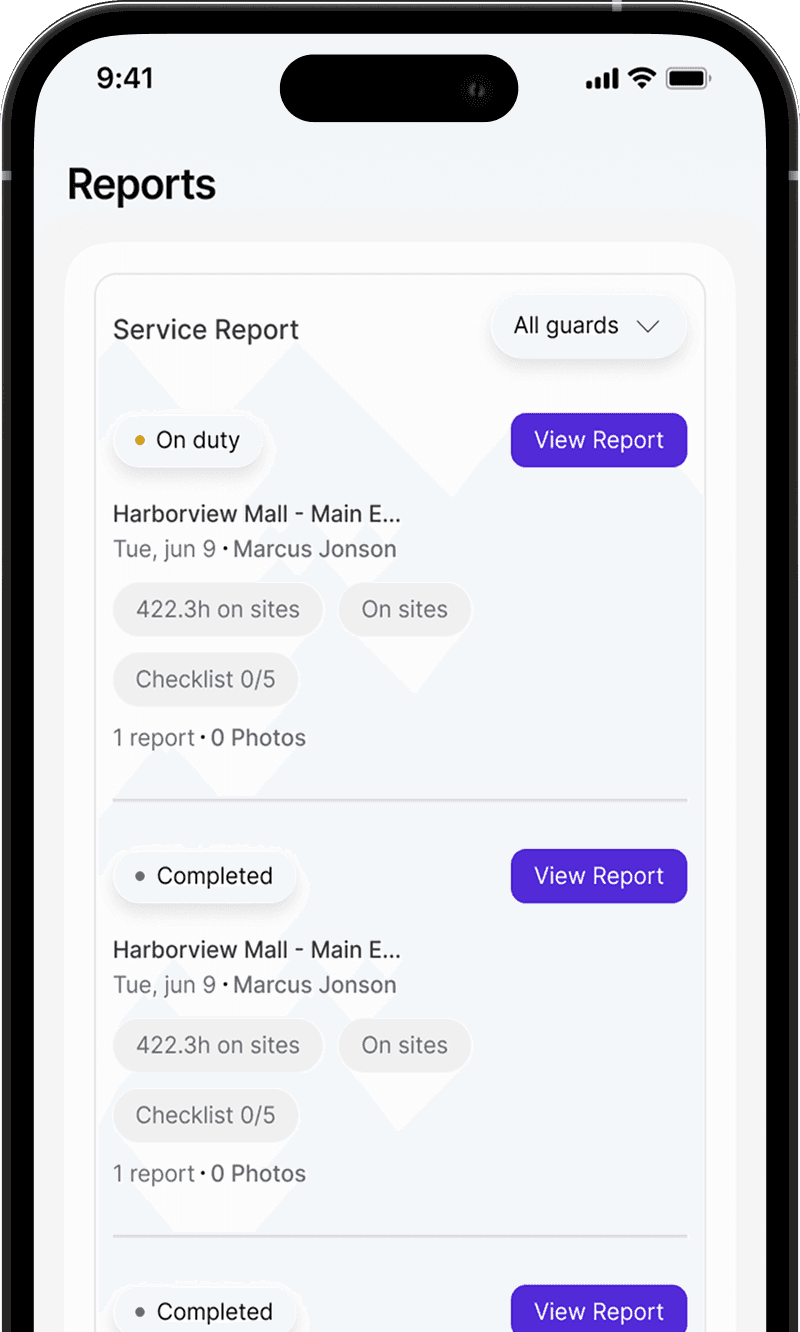 dfndr guard app showing shift activity and reports